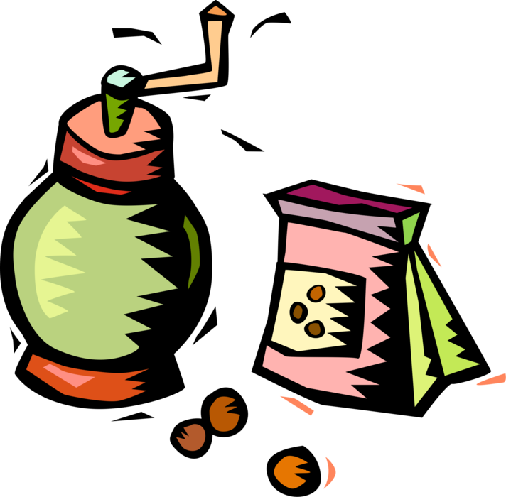Vector Illustration of Coffee Grinder and Bag of Coffee Bean Seeds of the Coffee Plant