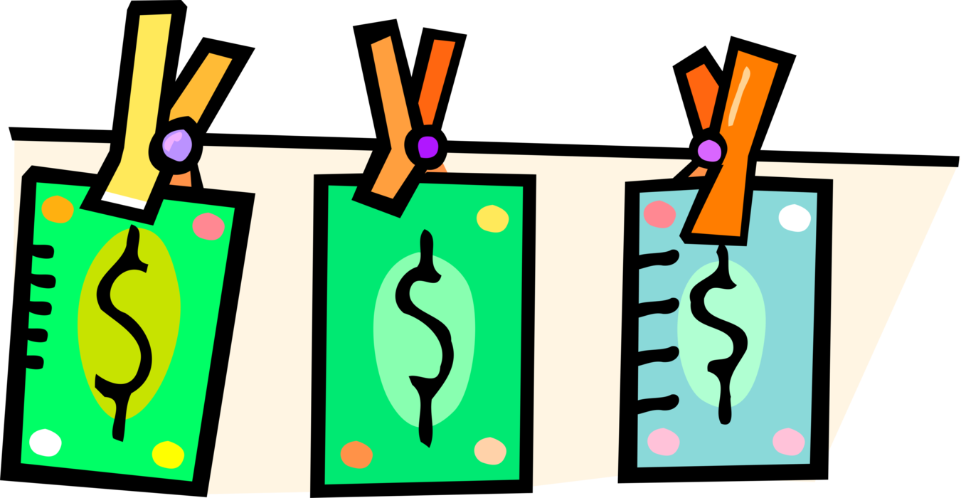 Vector Illustration of Cash Money Dollar Bills Hanging on the Clothesline with Clothespin or Clothes Pegs