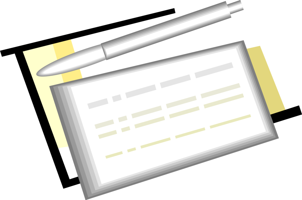 Vector Illustration of Check or Cheque Book Checks Authorize Transfer of Money with Pen Writing Instrument