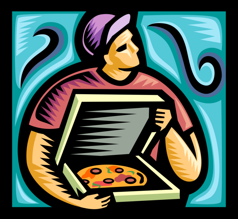 Vector Illustration of Fast Food Pizza Delivery Man Delivers Fresh Pizza Pie Food