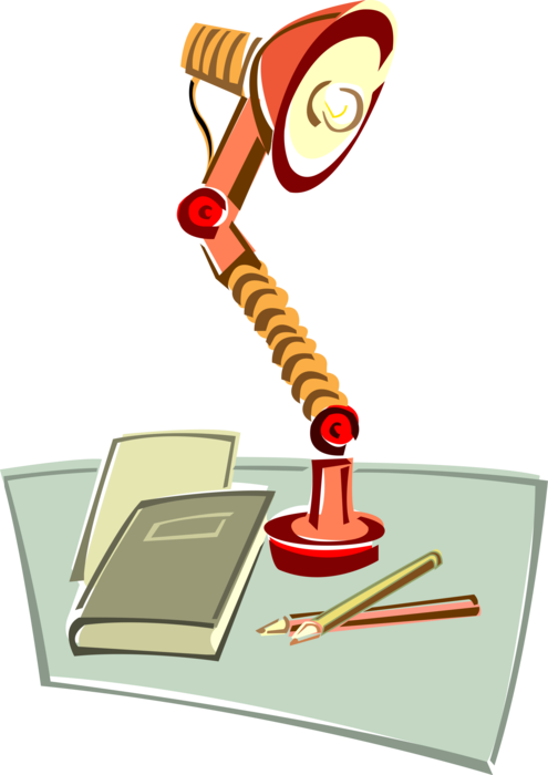 Vector Illustration of Desk Lamp with Books and Pencil Writing Instruments