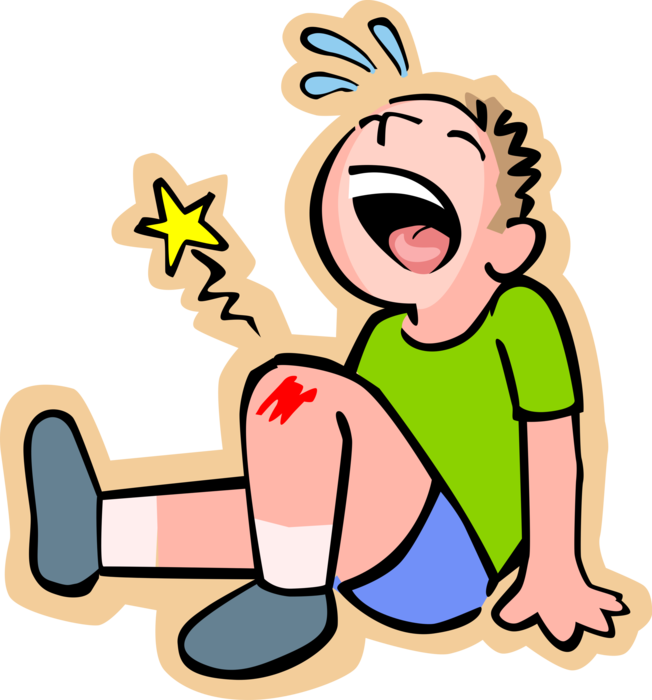Vector Illustration of Primary or Elementary School Student Boy with Scraped Knee Injury Cries