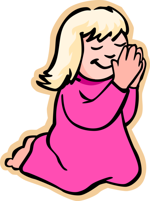 Vector Illustration of Primary or Elementary School Student Girl Saying Prayers Before Bed