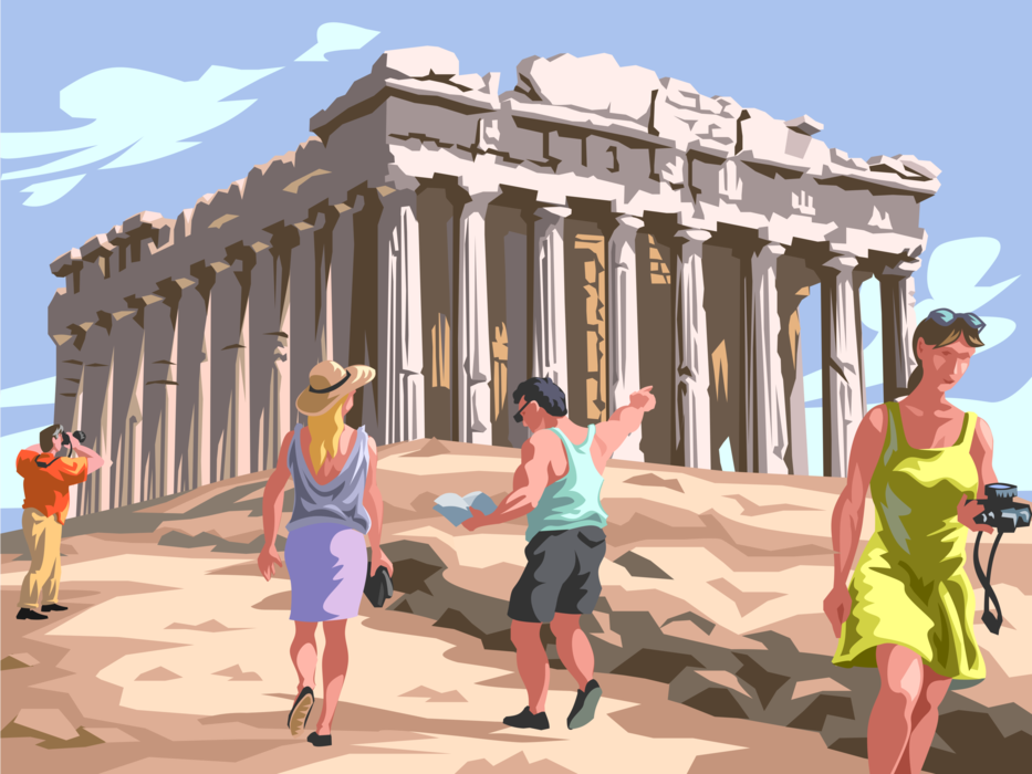 Vector Illustration of Tourists Visit Classical Greek Acropolis Parthenon in Athens, Greece 