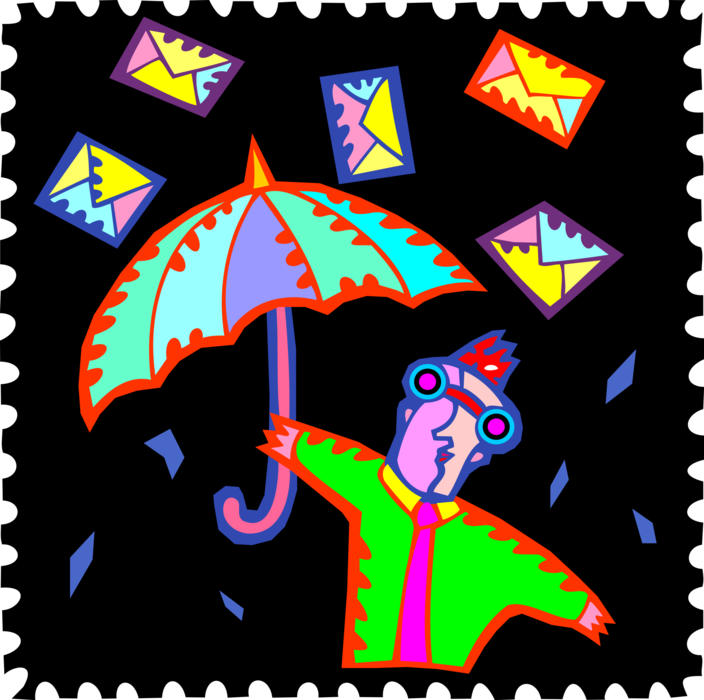 Vector Illustration of Raining Mail with Umbrella and Letter Envelopes