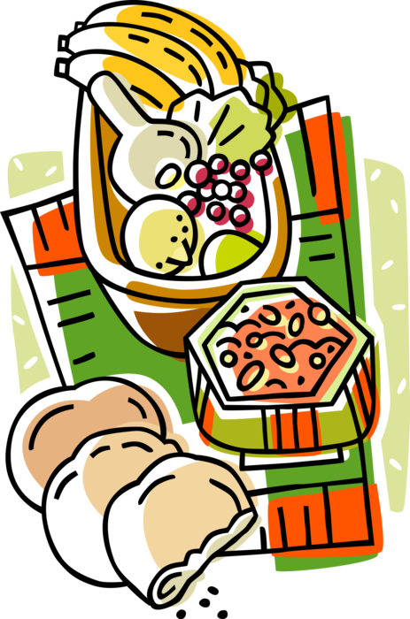 Vector Illustration of African Harvest Foods with Baskets of Fruit, Grilled Flatbread and Hummus Dip
