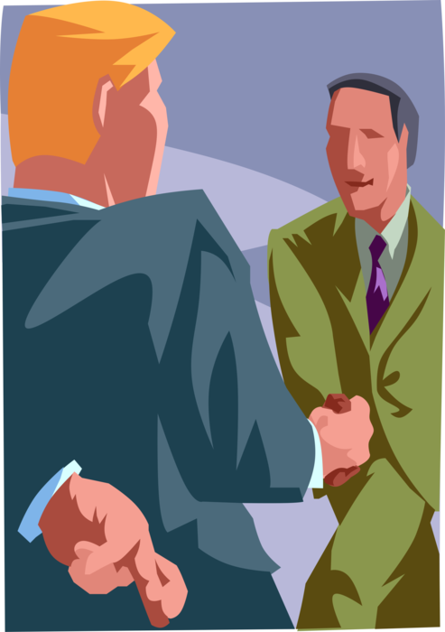 Vector Illustration of Dishonest, Deceitful Businessman Liar Crosses Fingers and Shakes Hands on Deal