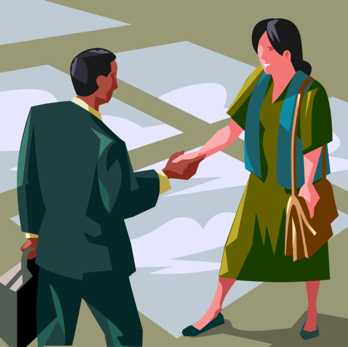 Vector Illustration of Businessman and Client Greeting or Introduction Handshake Shaking Hands