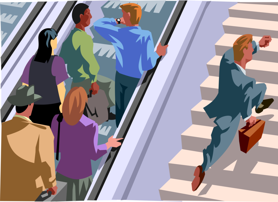 Vector Illustration of While Others Take the Escalator to Top, Aggressive Businessman Takes the Stairs