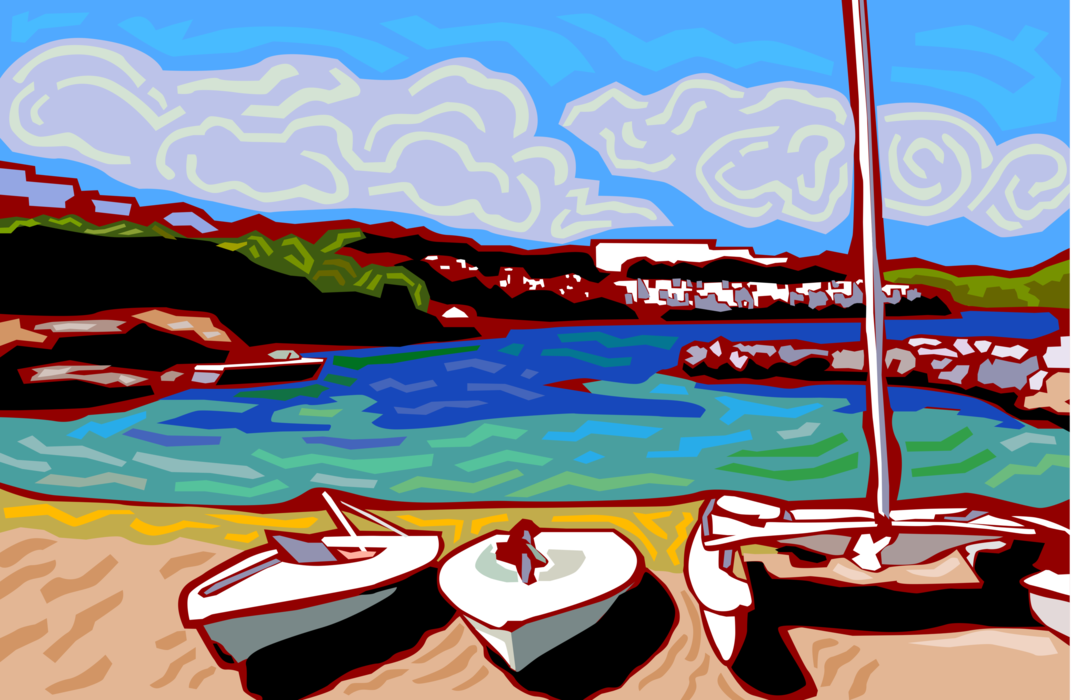 Vector Illustration of Sailboats on Beach Near Island Resort Hotel
