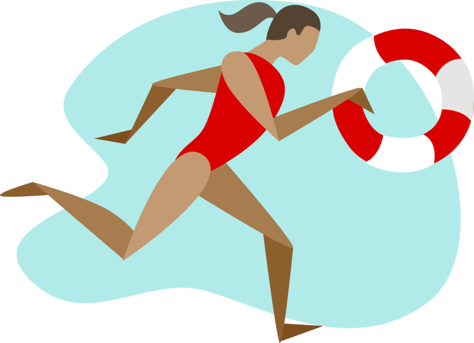 Vector Illustration of Lifeguard with Life Ring Watches and Supervises Swimmers on Beach to Prevent Drownings