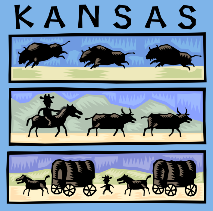 Vector Illustration of Kansas Epitomizes the U.S. Heartland with its Great Plains and Pioneer Past, United States