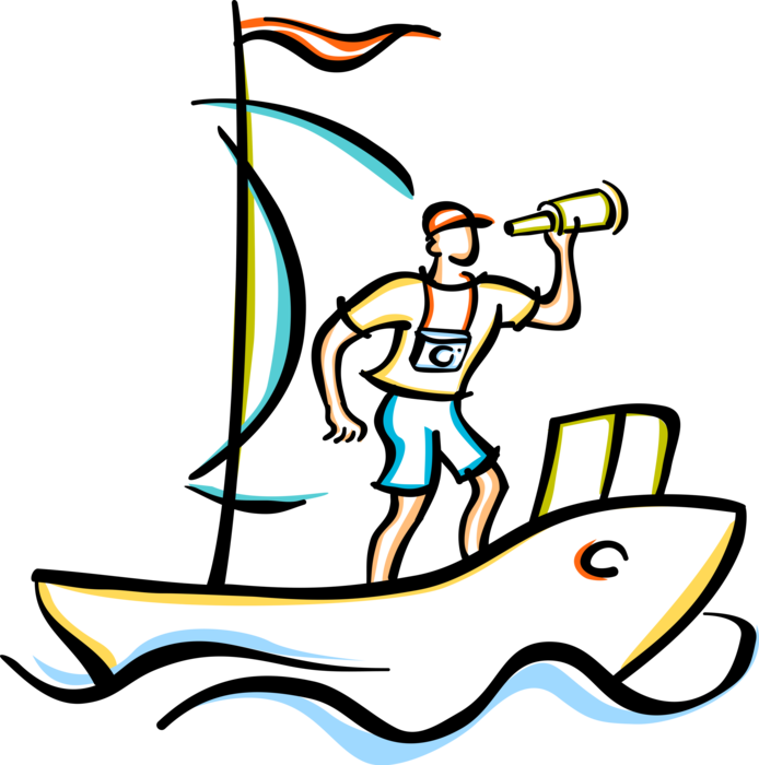 Vector Illustration of Sailor on Sailboat Watercraft Vessel Looks Through Telescope