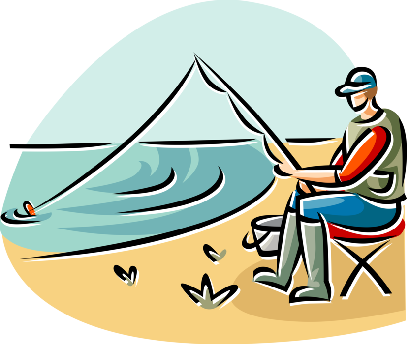 Vector Illustration of Sport Fisherman Angler Fishing from Beach