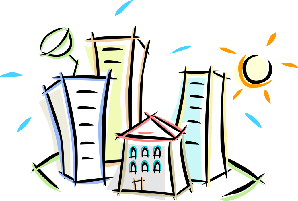 Vector Illustration of City Urban Houses and Apartment Buildings