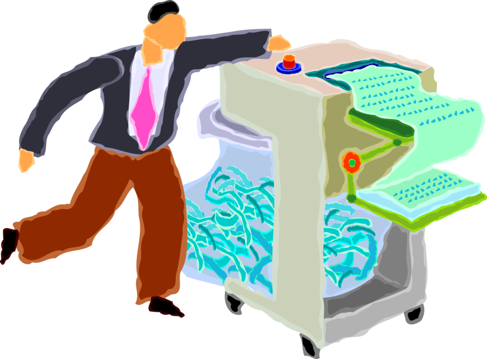 Vector Illustration of Man Shreds Documents in Office Paper Shredder