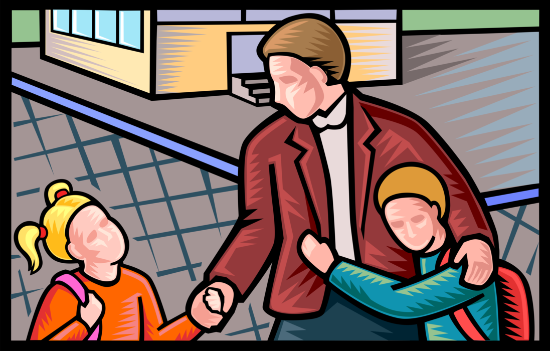 Vector Illustration of Children at School Greet Father Dad After Class for Walk Home