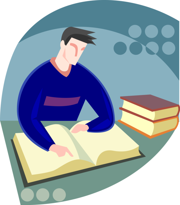 Vector Illustration of Male School Student Reads Book