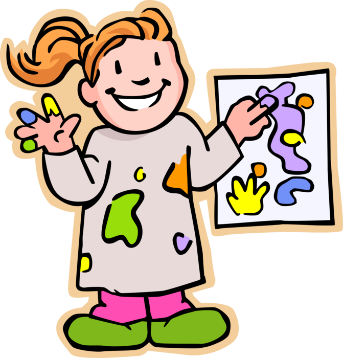 Vector Illustration of Primary or Elementary School Student Girl Artist Shows Off Finger Painting