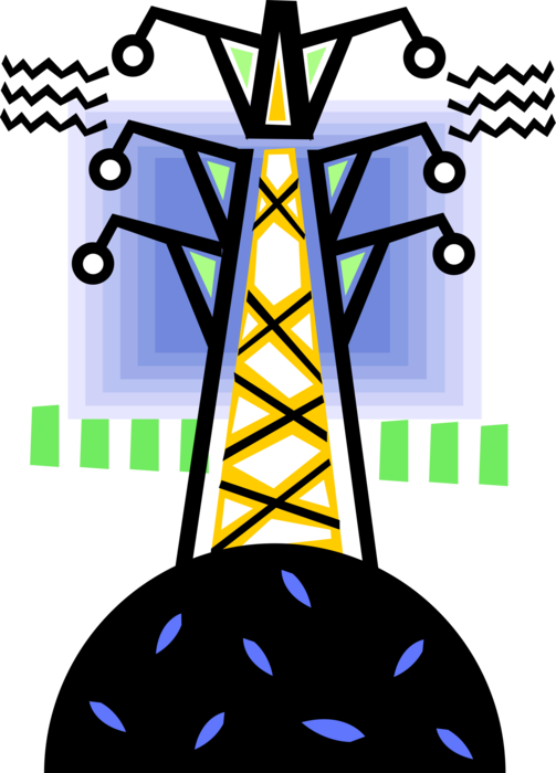 Vector Illustration of Transmission Tower Carries Electrical Power Lines to Distribute Electricity