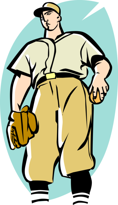 Vector Illustration of American Pastime Sport of Baseball Pitcher Stands on Mound Before Pitching