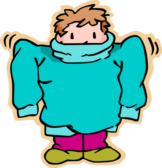 Vector Illustration of Primary or Elementary School Student Boy Tries on Large Sweater