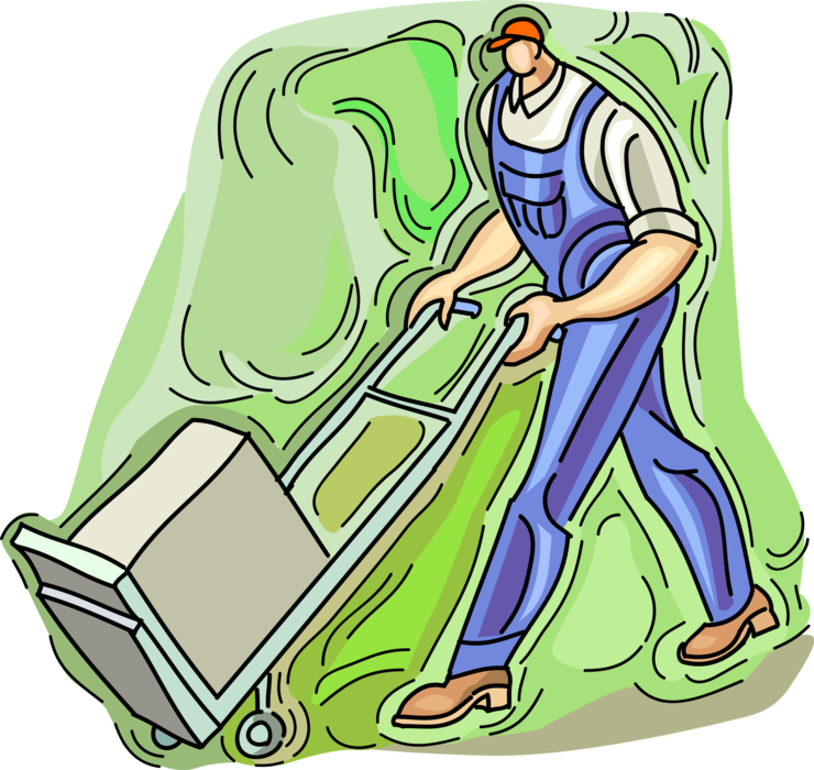 Vector Illustration of Construction Worker with Building Materials on Handcart Dolly