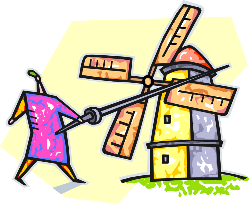 Vector Illustration of Don Quixote de la Mancha Jousting Lance Tilting at Windmills