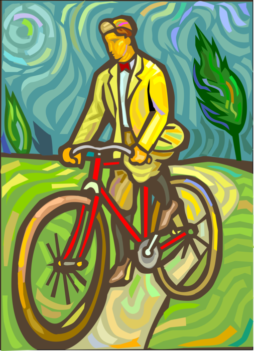 Vector Illustration of Cyclist in Countryside Rides Bicycle
