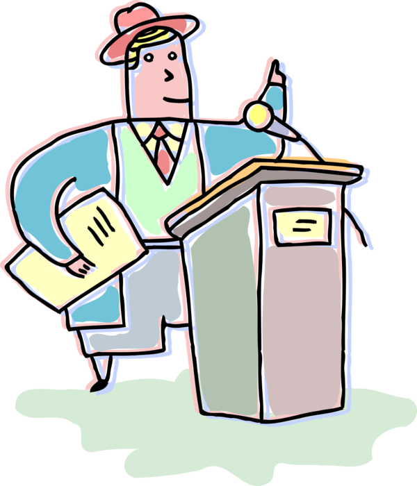 Vector Illustration of Businessman Makes Sales Presentation at Podium