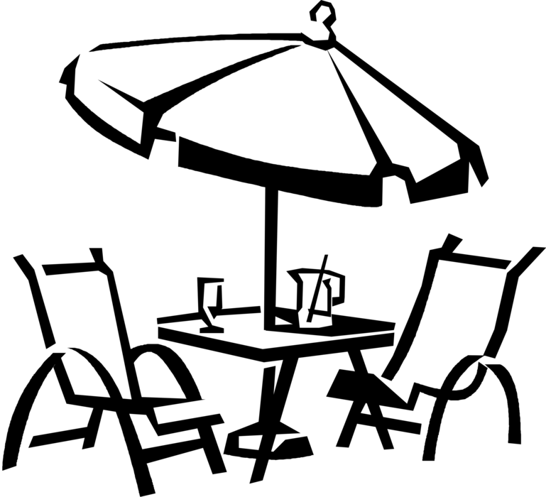 Vector Illustration of Outdoor Deck and Patio Furniture with Umbrella, Chairs and Table