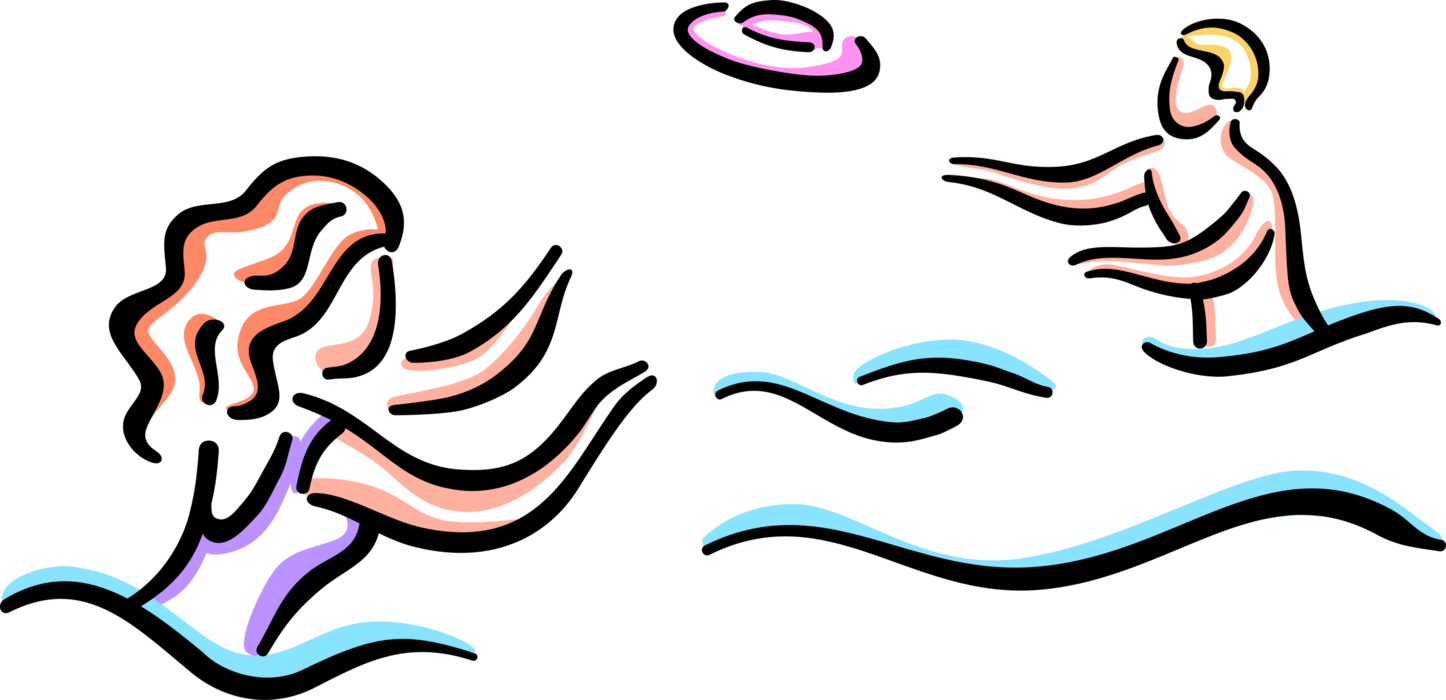 Vector Illustration of Day at the Beach Tossing Frisbee in Ocean