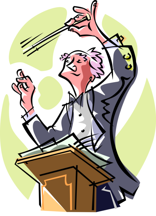 Vector Illustration of Maestro Conductor Conducting Orchestra Musicians with Baton
