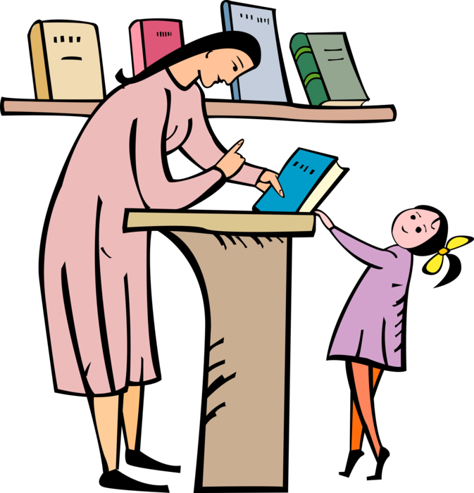 Vector Illustration of Teacher Gives Library Book to Young Student