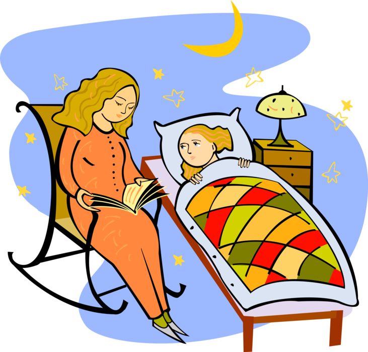 Vector Illustration of Mother Reads Child Bedtime Story Before Sleep