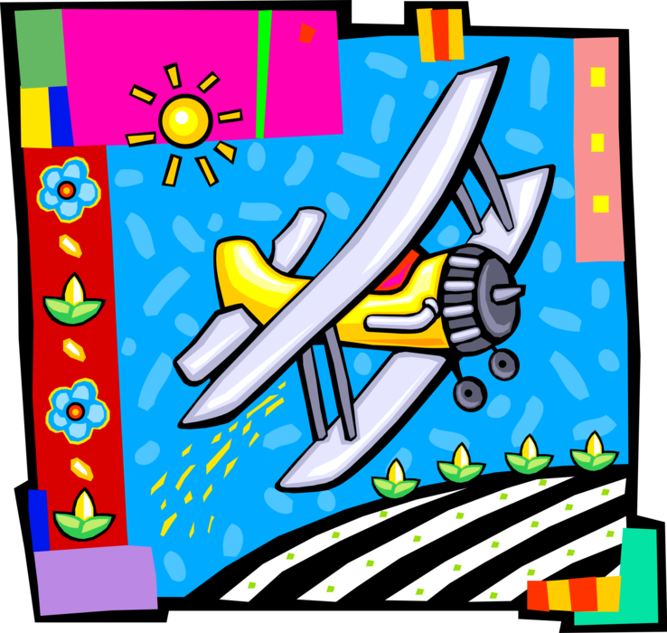 Vector Illustration of Crop Duster Airplane Flying Over Field Spraying Crops with Crop Protection Products