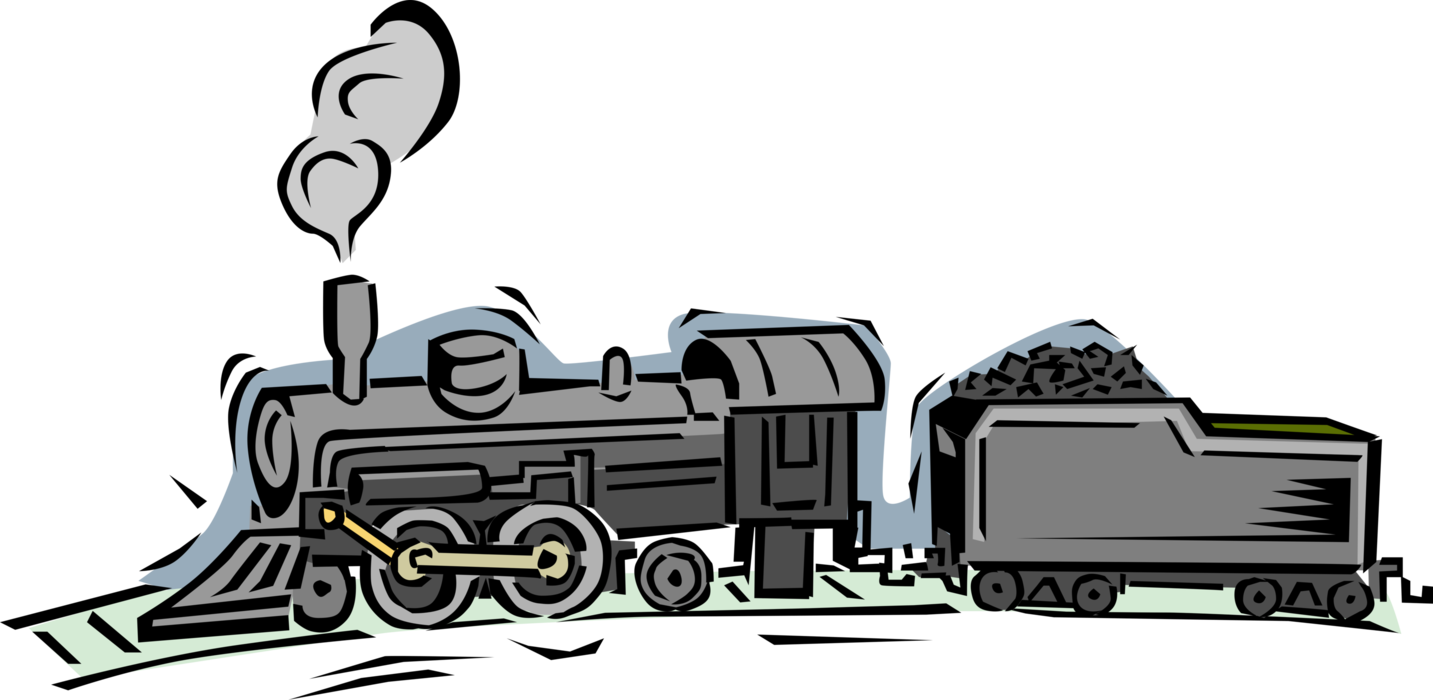 Vector Illustration of Rail Transport Speeding Steam Locomotive Railway Train Engine and Coal Car