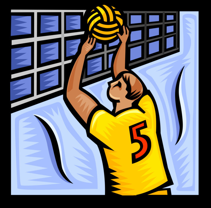 Vector Illustration of Volleyball Team Sports Player Spikes Ball Over Net During Game