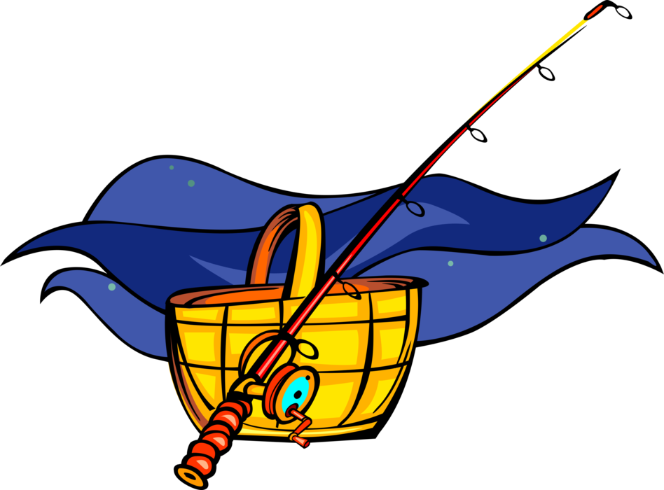 Vector Illustration of Sport Fisherman Angler's Fishing Rod with Fish Hamper Basket