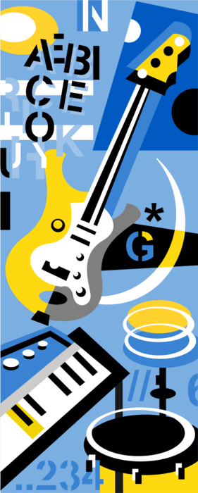 Vector Illustration of Rock n' Roll Music with Drum Kit, Electric Guitar and Keyboard Musical Instruments