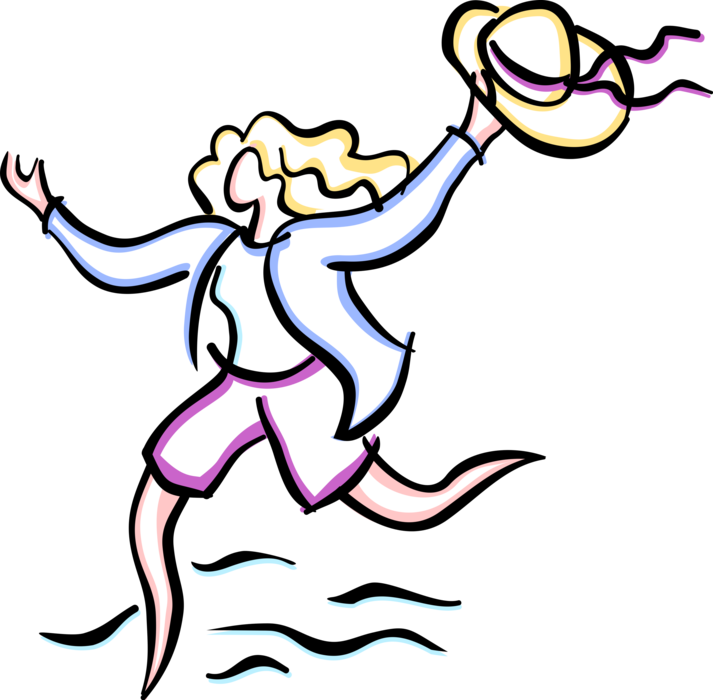 Vector Illustration of Holiday Vacationer Runs with Hat on Beach