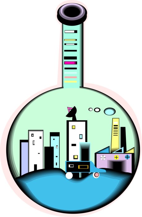 Vector Illustration of Science Laboratory Glassware Beaker with Industrial City and Factory