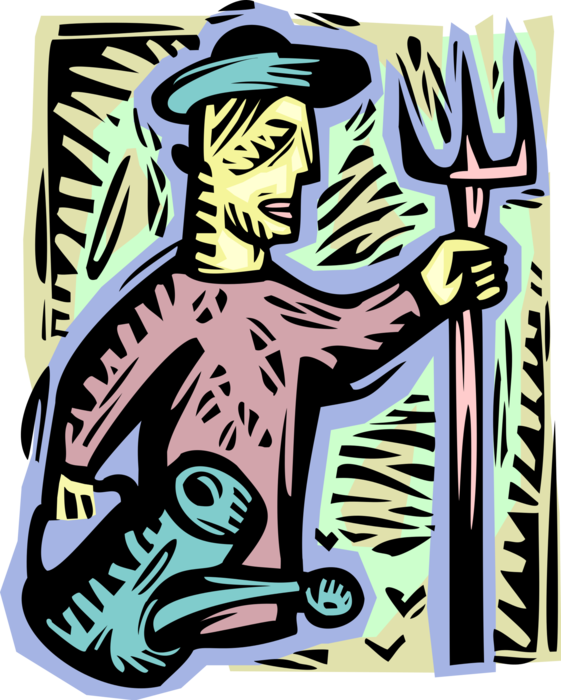 Vector Illustration of Farmer with Watering Can and Pitchfork