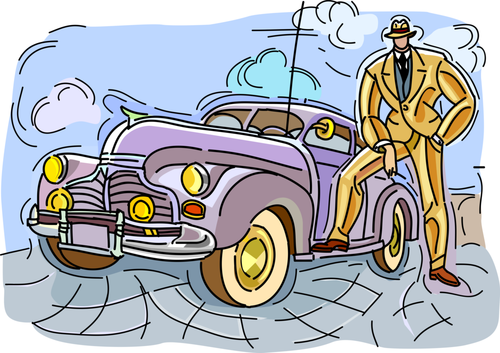 Vector Illustration of Gangster "Gangsta" with Vintage Automobile Car Motor Vehicle