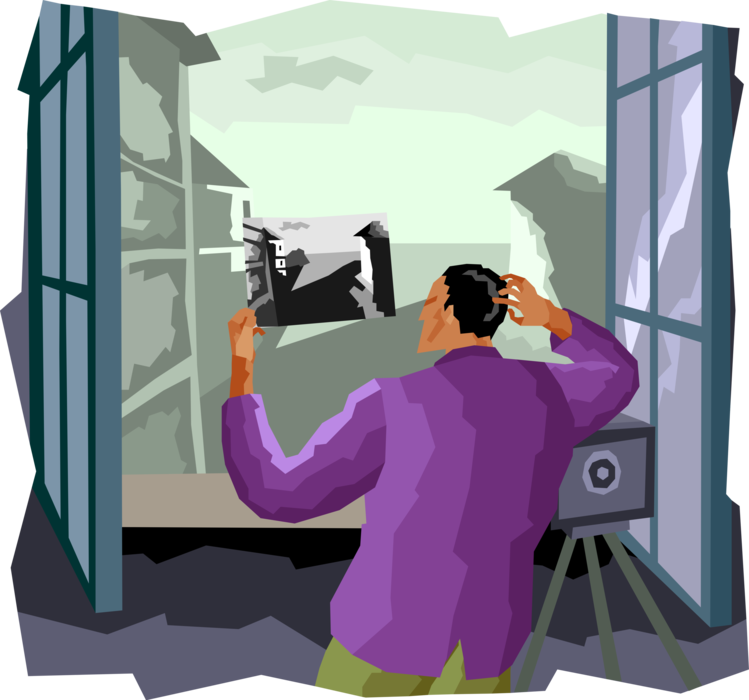 Vector Illustration of First Ever Photo Taken by Louis Daguerre Inventor of Daguerreotype Photographic Process