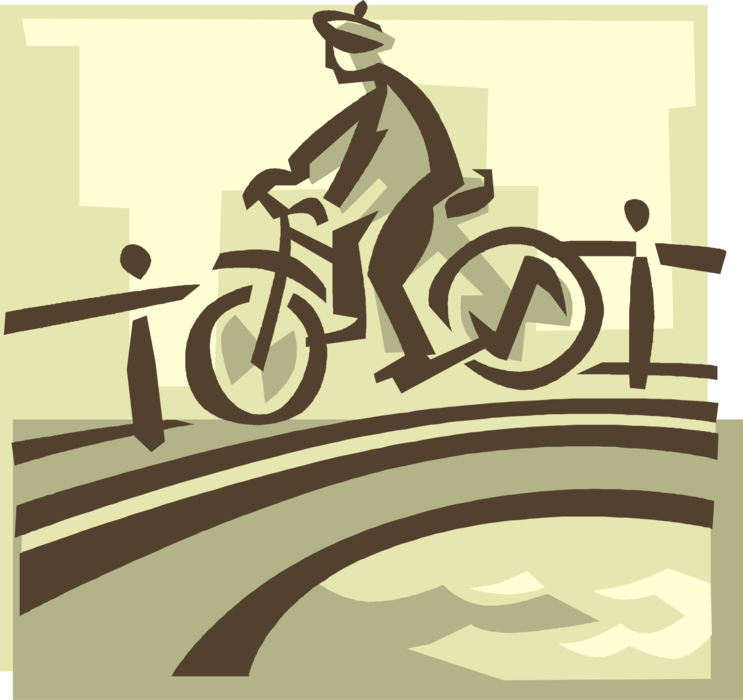 Vector Illustration of Cycling Enthusiast Rides Bicycle Bike Over Bridge