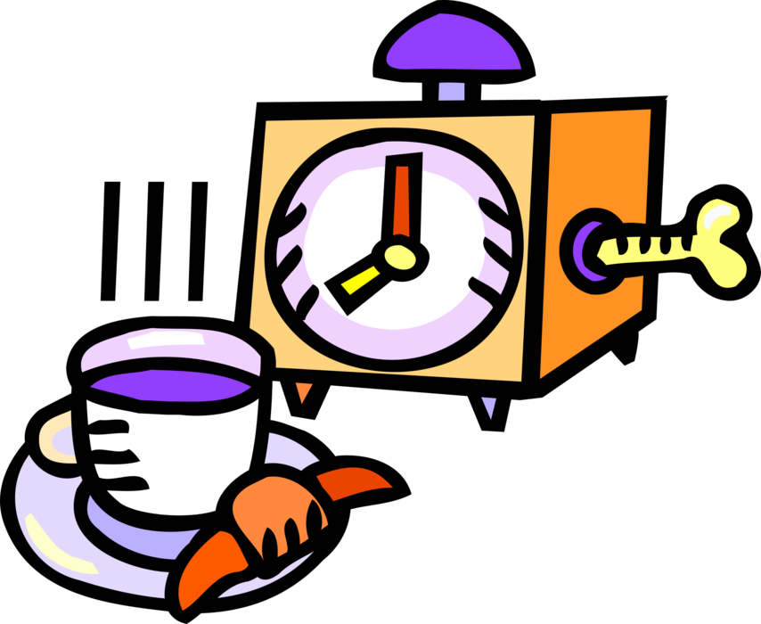 Vector Illustration of Alarm Clock with Breakfast Croissant Pastry and Cup of Coffee