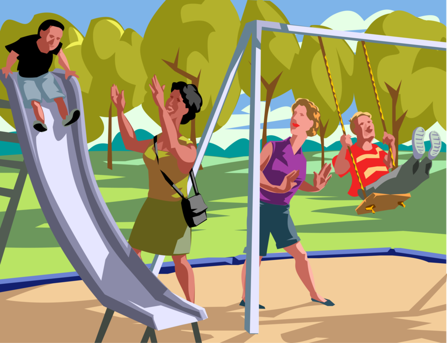 Vector Illustration of Children and Parents Playing in Playground Park on Slide and Swings