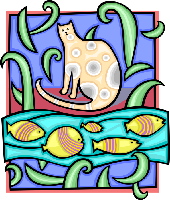 Vector Illustration of Domestic Pet Cat with Tropical Fish Swimming