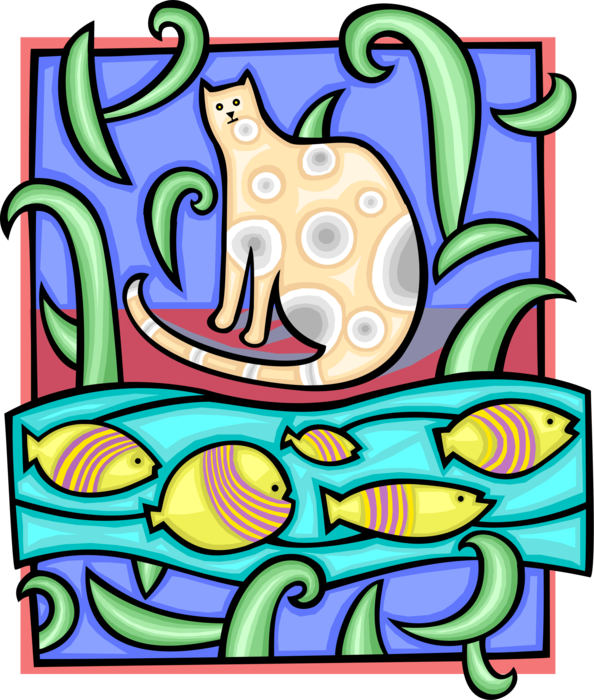 Vector Illustration of Domestic Pet Cat with Tropical Fish Swimming